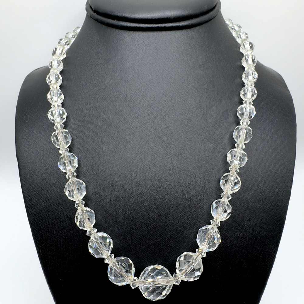 Art Deco Faceted Glass Necklace Graduated On Chain Vintage Disco Ball 18"